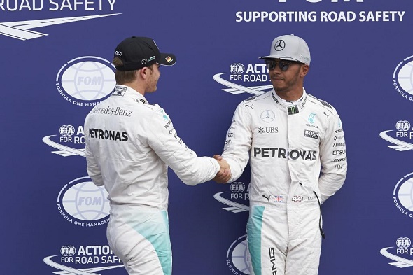 Formel 1 2016 Hockenheim Nico Rosberg vor Lewis Hamilton auf der Pole beim Großen Preis von Deutschland Mercedes AMG Petronas © Daimler AG 