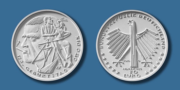 20-Euro-Gedenkmünze zum 125. Geburtstag von Otto Dix Die Bildseite zeigt die Person Otto Dix sowie den Schriftzug „125. Geburtstag Otto Dix“. Die Wertseite zeigt einen Adler, den Schriftzug BUNDESREPUBLIK DEUTSCHLAND, Wertziffer und Wertbezeichnung © BADV